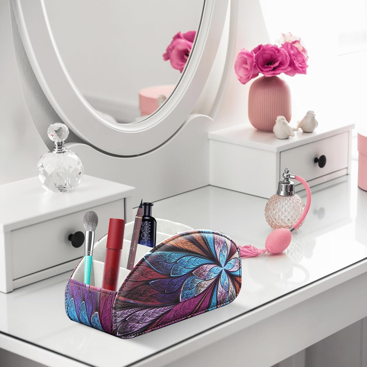 Remote Control Holder, 5 Compartments TV Remote Holder Caddy for Table, Nightstand Organizer for Remotes/Media Controllers/Office Supply, Bedside Decorations for Living Room, PU Leather