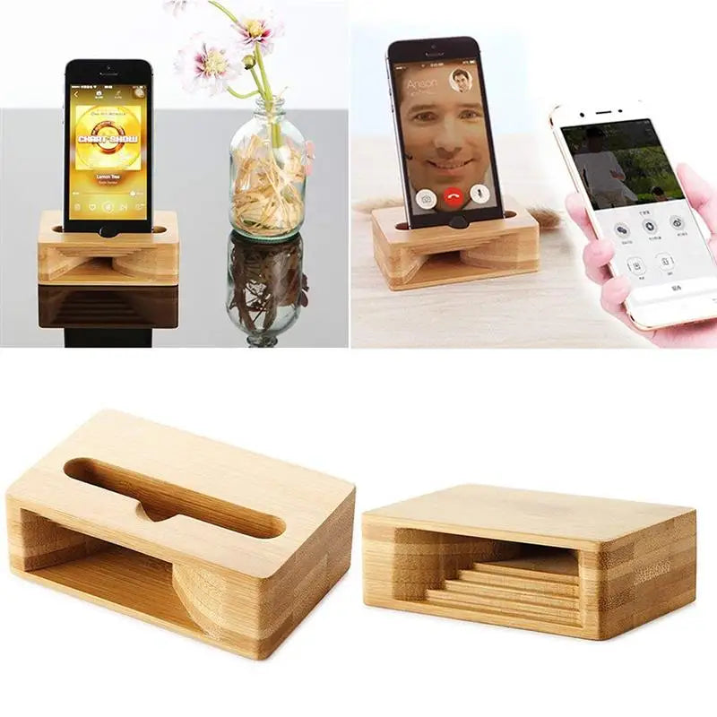 Wooden Sound Amplifier Stand Holder for Iphone, Natural Loudspeaker Mini Megaphone Cell Phone Stand (Square)
