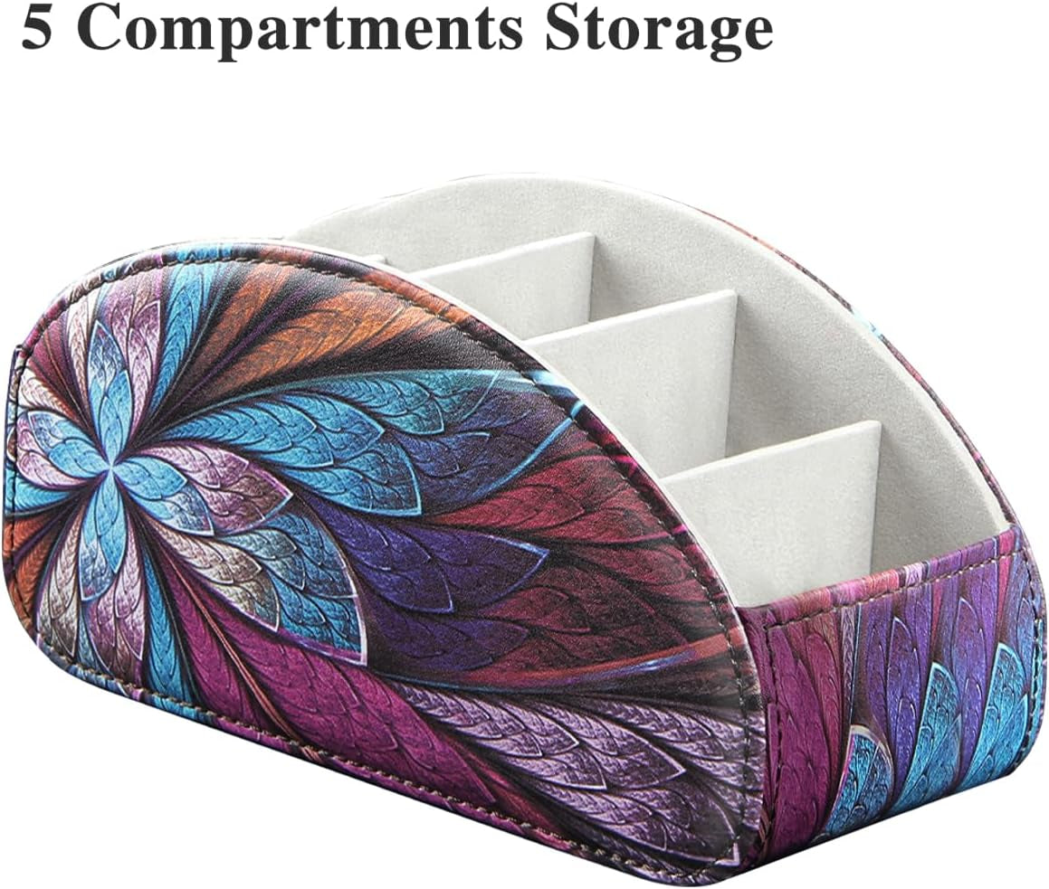 Remote Control Holder, 5 Compartments TV Remote Holder Caddy for Table, Nightstand Organizer for Remotes/Media Controllers/Office Supply, Bedside Decorations for Living Room， PU Leather