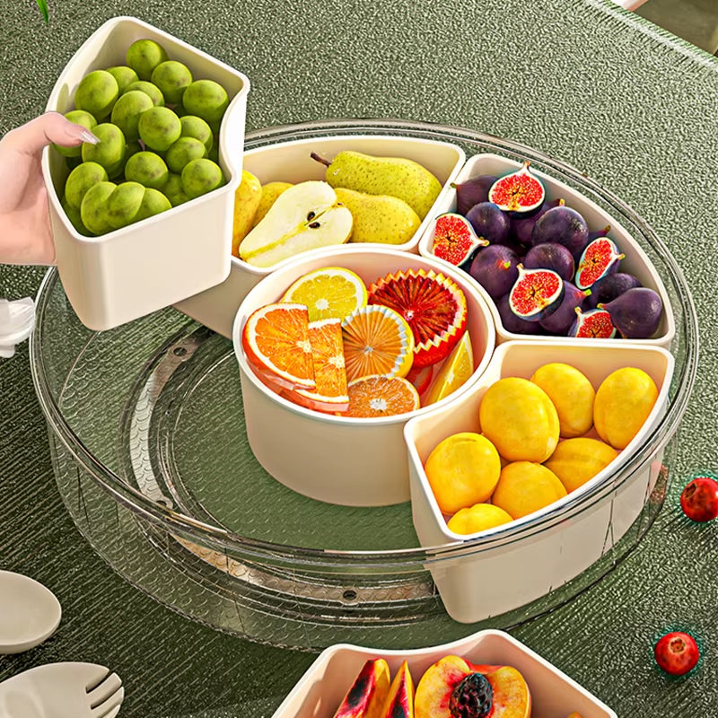 Fruit Tray Six Grids Multi Compartment round Snack Box with Lid Handle for Home Organization Clear Divided Rotating Serving Tray