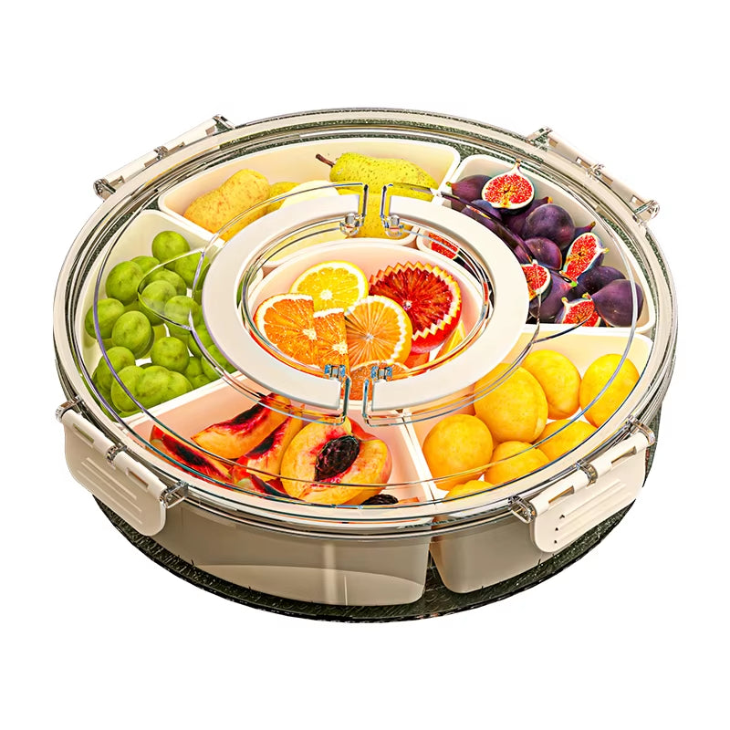Fruit Tray Six Grids Multi Compartment round Snack Box with Lid Handle for Home Organization Clear Divided Rotating Serving Tray
