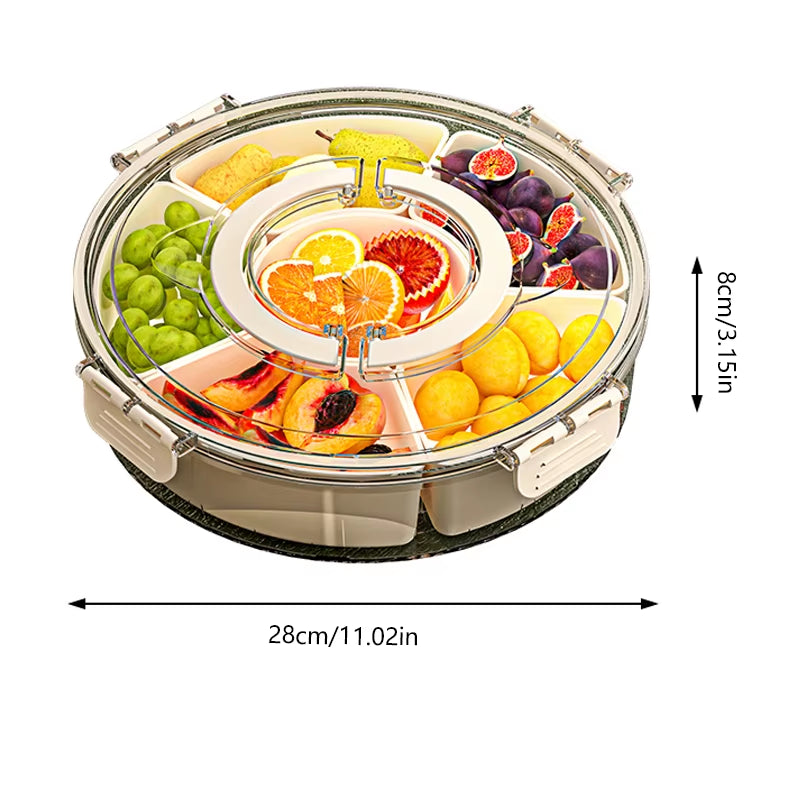 Fruit Tray Six Grids Multi Compartment round Snack Box with Lid Handle for Home Organization Clear Divided Rotating Serving Tray