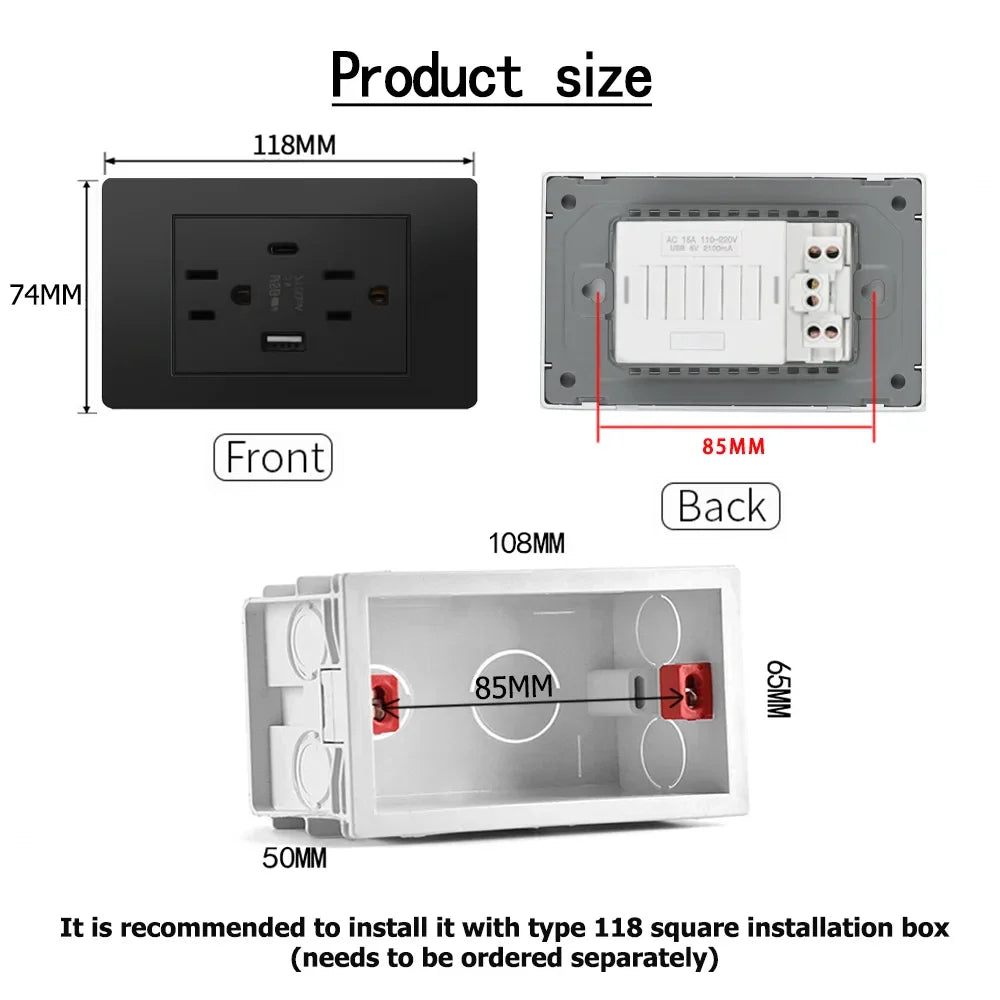 Dual USB Wall Outlet Port 15A Power Socket Charger AC Receptacle Plate Panel 110