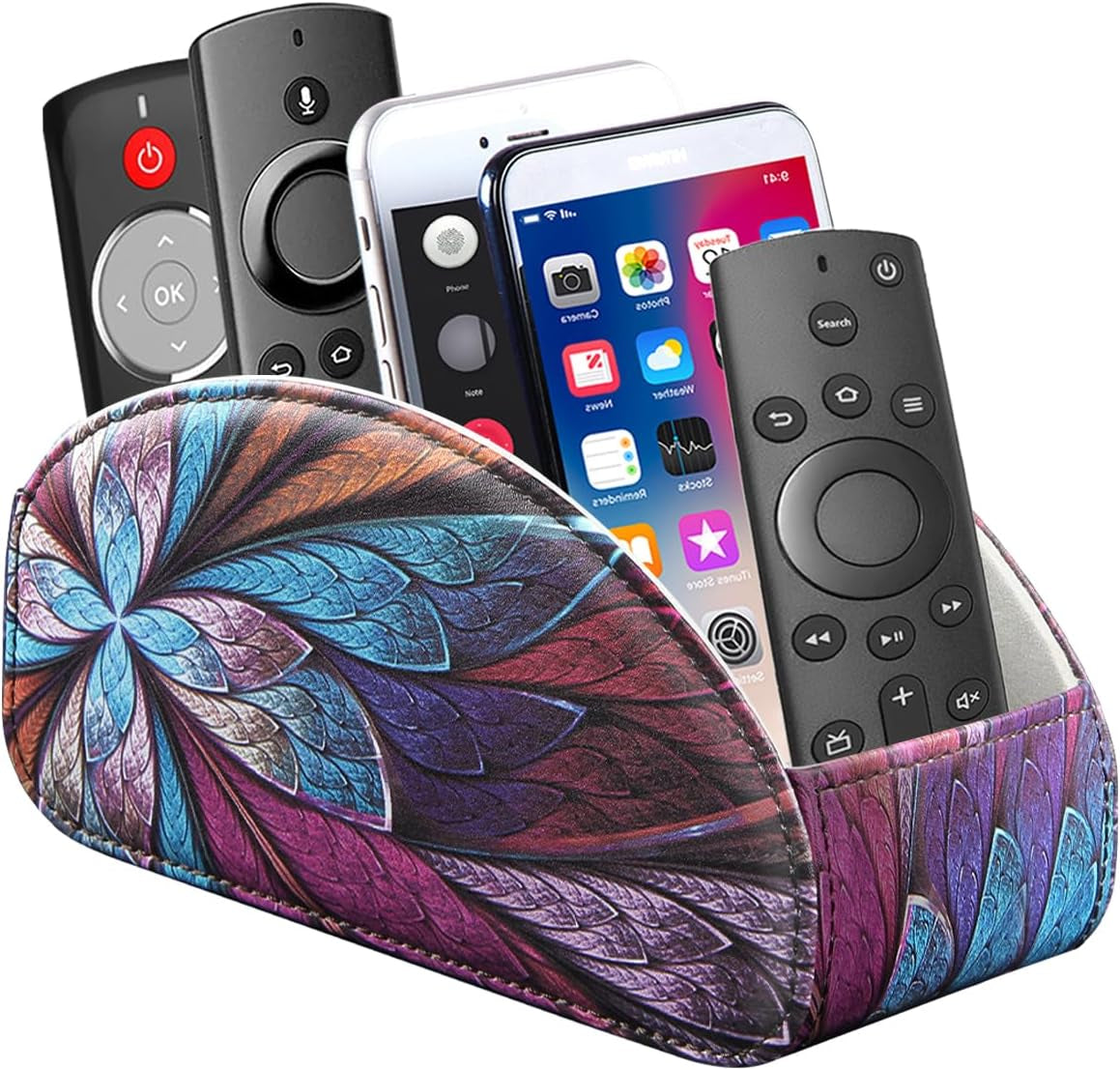 Remote Control Holder, 5 Compartments TV Remote Holder Caddy for Table, Nightstand Organizer for Remotes/Media Controllers/Office Supply, Bedside Decorations for Living Room， PU Leather