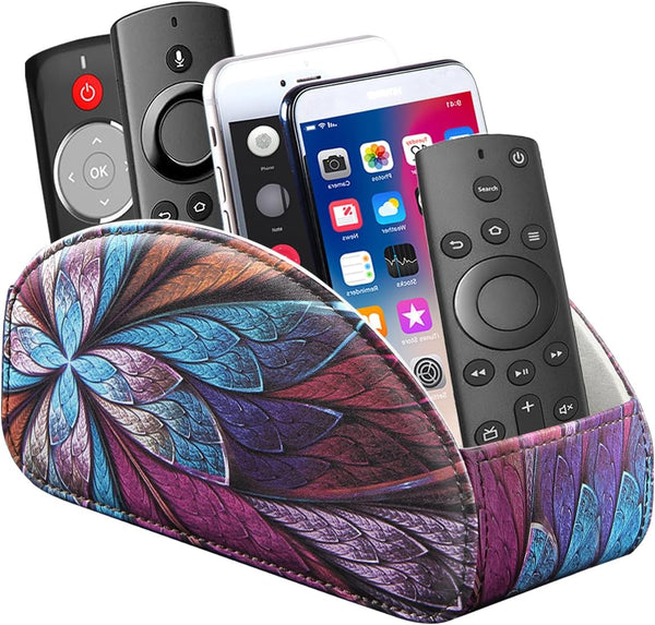 Remote Control Holder, 5 Compartments TV Remote Holder Caddy for Table, Nightstand Organizer for Remotes/Media Controllers/Office Supply, Bedside Decorations for Living Room， PU Leather