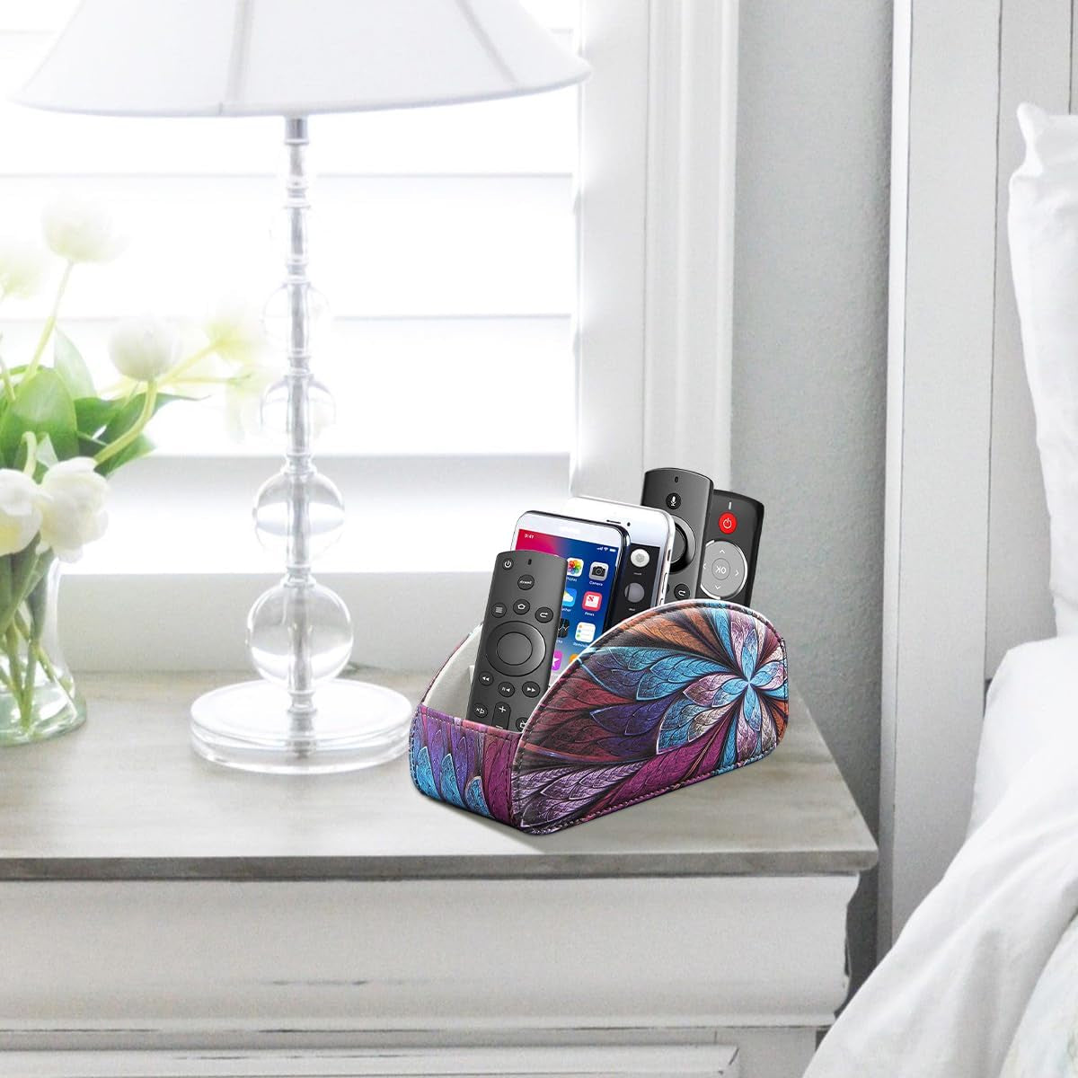 Remote Control Holder, 5 Compartments TV Remote Holder Caddy for Table, Nightstand Organizer for Remotes/Media Controllers/Office Supply, Bedside Decorations for Living Room， PU Leather