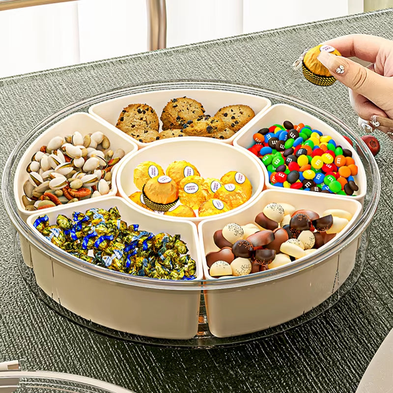 Fruit Tray Six Grids Multi Compartment round Snack Box with Lid Handle for Home Organization Clear Divided Rotating Serving Tray