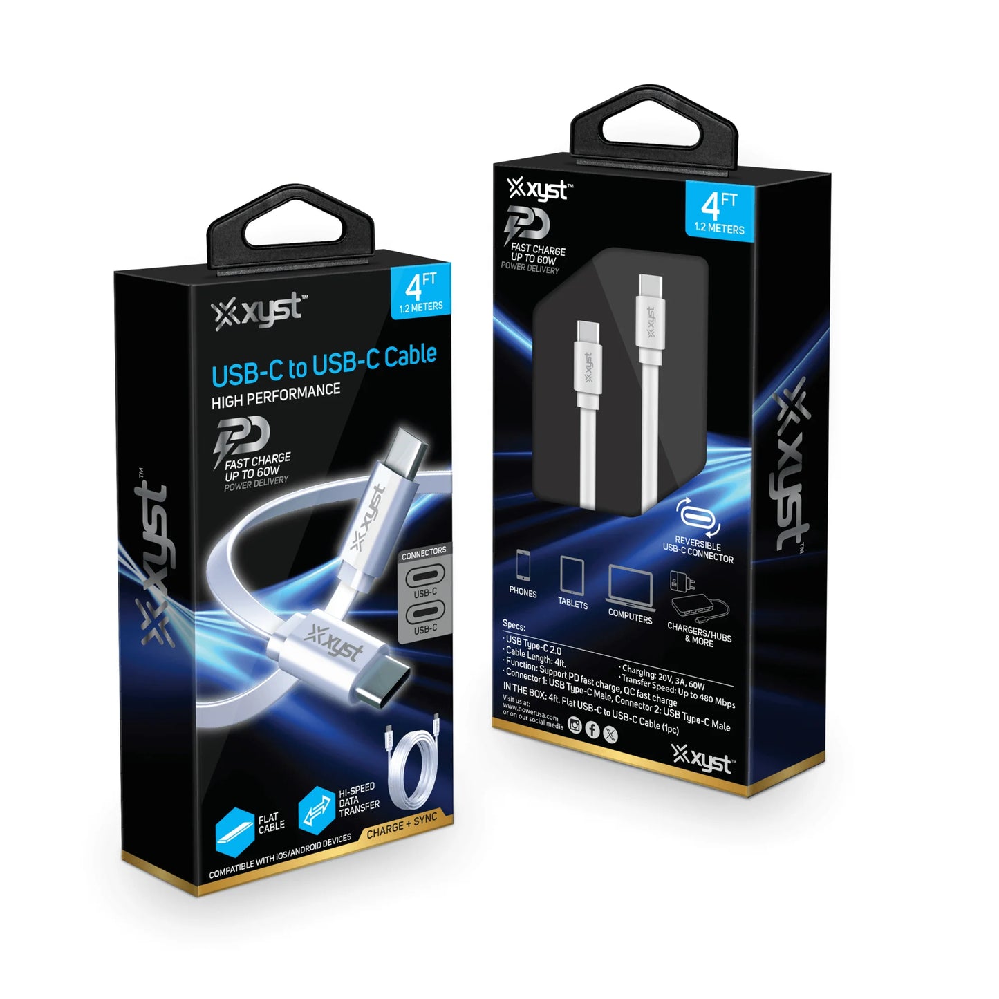 Xyst Flat USB-C to USB-C Charge and Sync Cable 4Ft